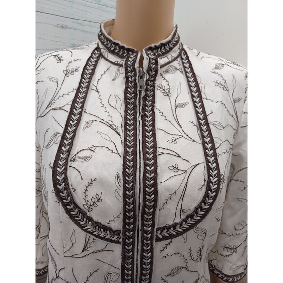 Nygard Collection Blazer Jacket Embroidery Zip Up Brown Ivory 3/4 Sleeve Sz 10 - Picture 2 of 9